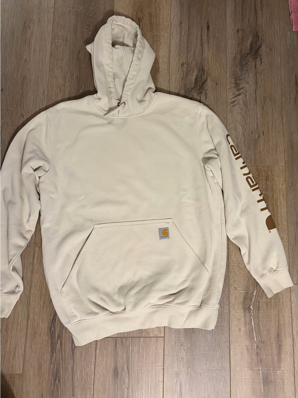 Carhartt Cream Pullover Hoodie with Logo Sleeve